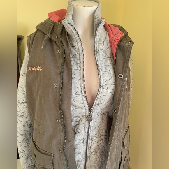 Diesel long khaki cotton cargo hooded winter vest windbreaker jacket hoodie coat - Picture 3 of 16